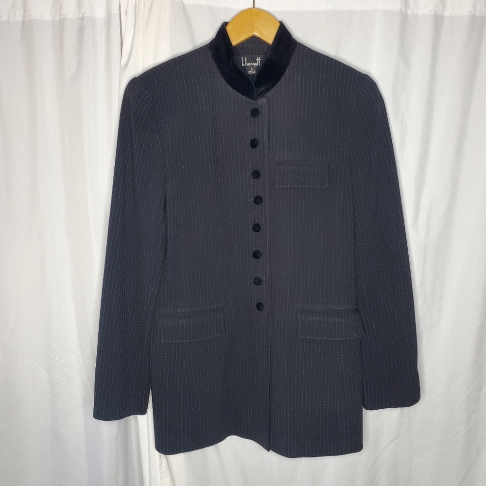 ♤ B. Bennett Pinstriped Wool Blend Jacket with Velvet Mandarin Collar Size 6